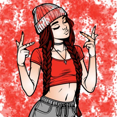 realistic teenage girl with braids and a beanie and crop top doing 🫶🏼