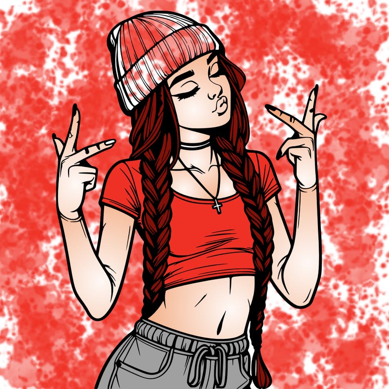 realistic teenage girl with braids and a beanie and crop top doing 🫶🏼