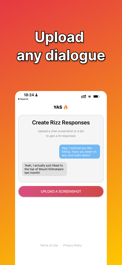 Mobile app interface showing a feature to upload chat screenshots for generating AI rizz responses