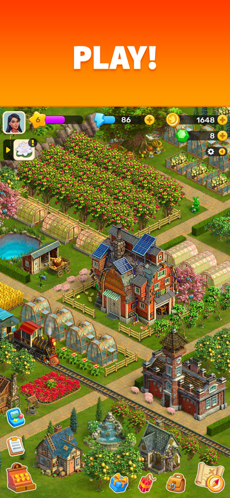 Klondike Adventures: Farm Game - Uma paisagem de fazenda detalhada com vários edifícios, jardins e um trem no Klondike Adventures