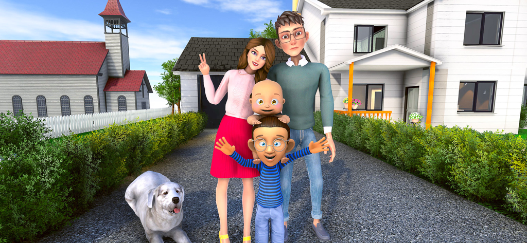 Mother Life Simulator Games - Una familia virtual 3D con un perro de pie frente a su moderna casa suburbana