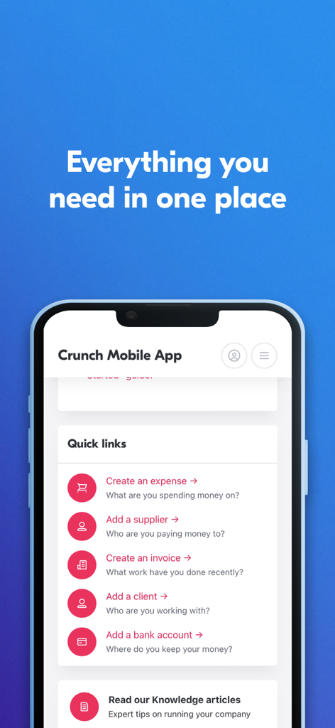 Crunch Accounting - El panel de la aplicación móvil Crunch Accounting que muestra enlaces rápidos para tareas de gestión empresarial como la creación de facturas y gastos