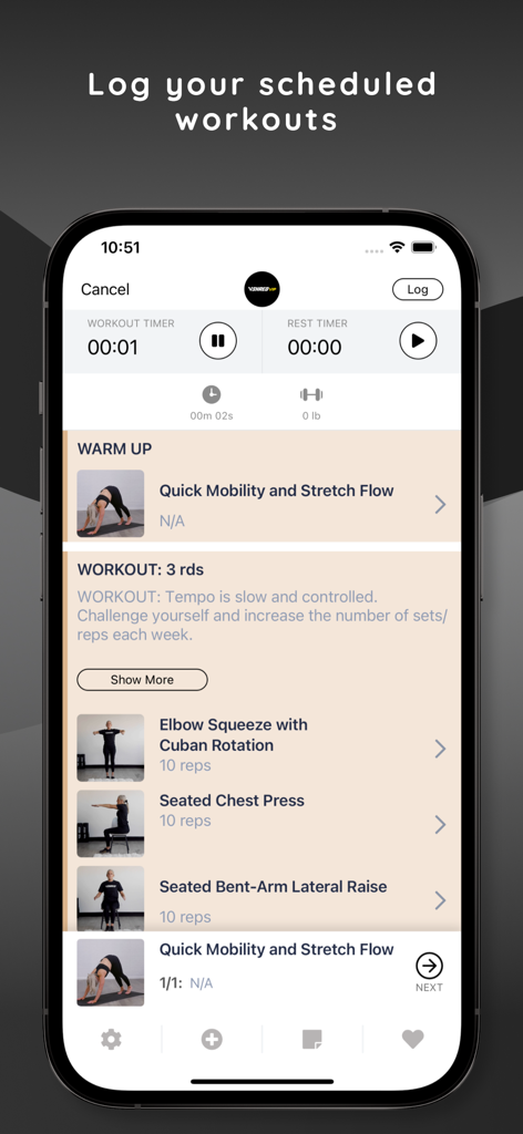 Mobile screen of V Shred VIP app displaying a scheduled workout with exercise instructions and timers