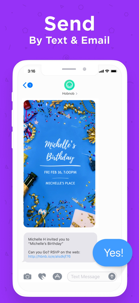 Hobnob Invitation Maker - A birthday party invitation sent via text message with an RSVP link from the Hobnob app