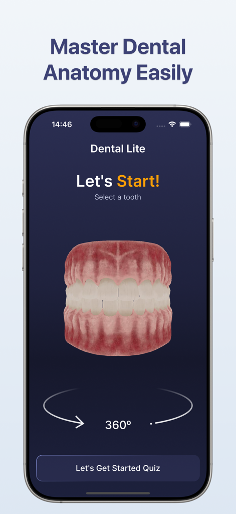 DentaCore: 3D Dental Anatomy - DentaCore app interface showing a 3D model of human teeth with 360 degree rotation for dental anatomy study