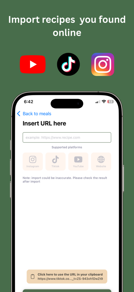 Kerisik: Recipe Manager - Smartphone screen showing how to import recipes from social media like TikTok, Instagram, and YouTube into the Kerisik app