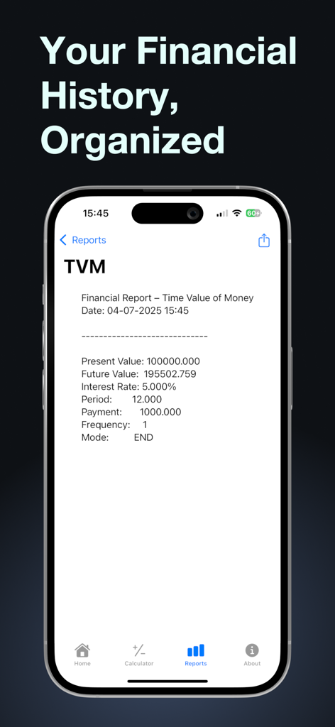 A mobile screen showing a detailed Time Value of Money financial report in the BA Financial Calculator Plus app.