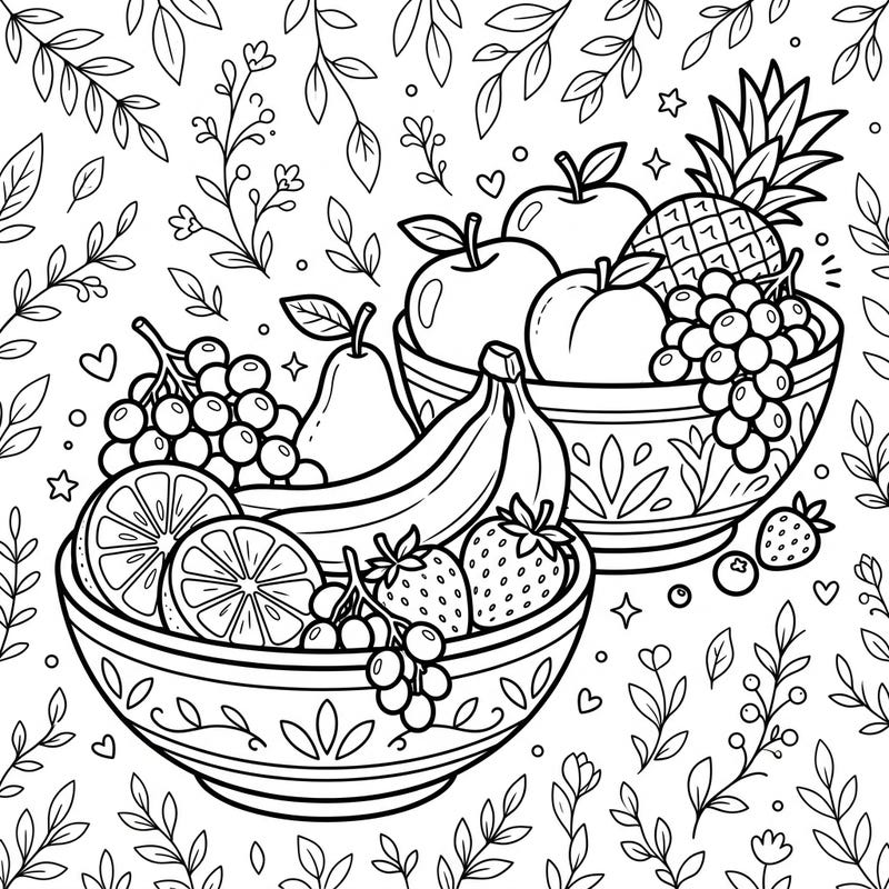 Immerse yourself in the refreshing world of healthy delights with this beautiful fruit bowl coloring page, thoughtfully designed for seniors. Enjoy the clear outlines and engaging details of various fresh fruits, perfect for a relaxing and stimulating creative session.