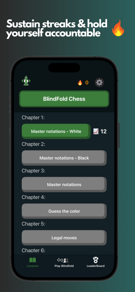 Blindfold Chess - Blindfold Chess app showing lesson chapters and training streaks