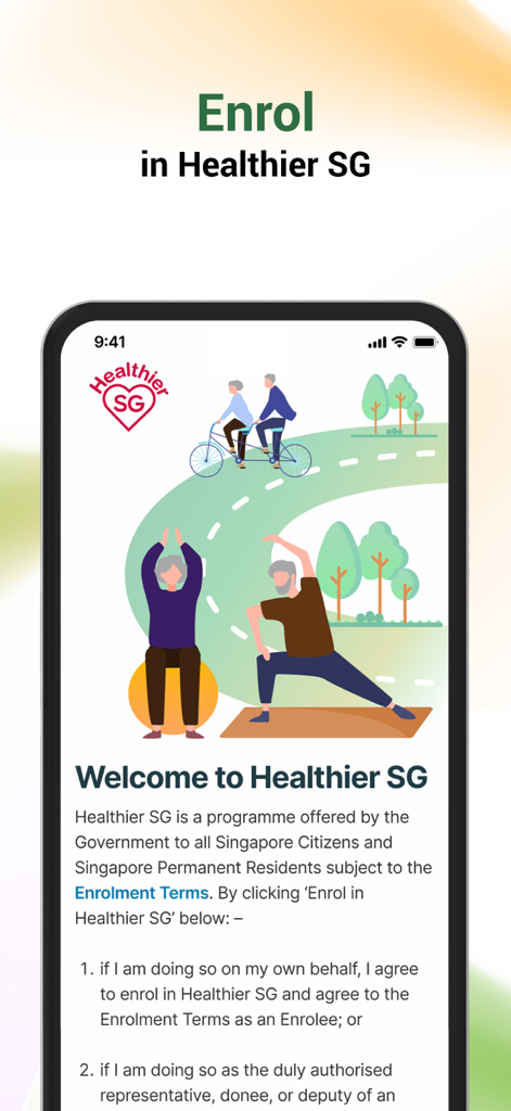 HealthHub SG app screen for enrolling in the Healthier SG program with illustrations of active seniors