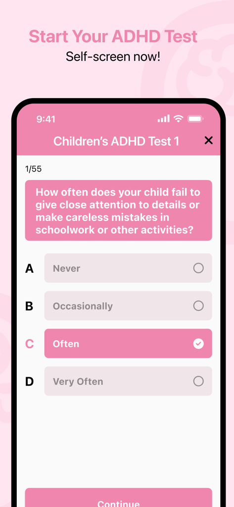 Un écran d'application mobile montrant un questionnaire pour évaluer les symptômes du TDAH chez les enfants avec une question à choix multiples sur l'attention aux détails