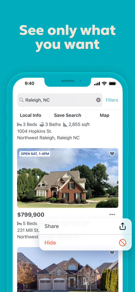 Trulia Real Estate & Rentals - Trulia app interface showing real estate listings in Raleigh with a hide property menu