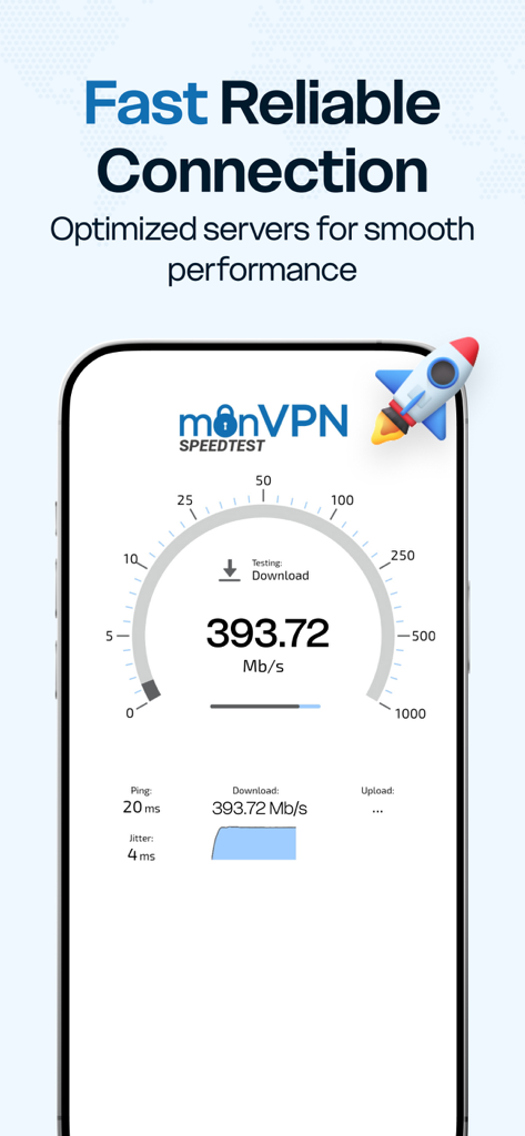 VPN & Proxy Unlimited - monVPN - Smartphone screen showing monVPN speed test results with high download speed and low ping