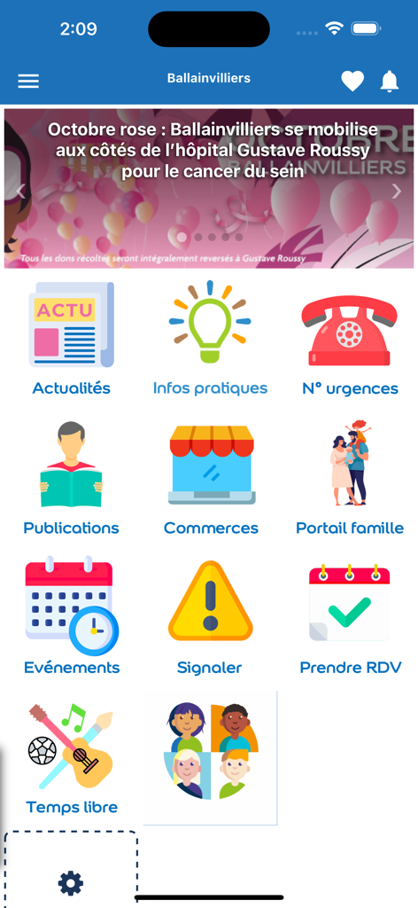 myMairie - Dashboard of the myMairie mobile app with icons for news reporting and town services