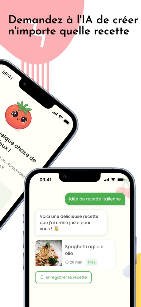 Reciply - Importer recettes - Interfaz de una aplicación móvil que muestra un chat de IA generando una receta de pasta italiana.