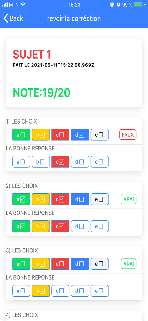 Mock driving exam correction screen showing a score of 19 out of 20 with detailed question reviews