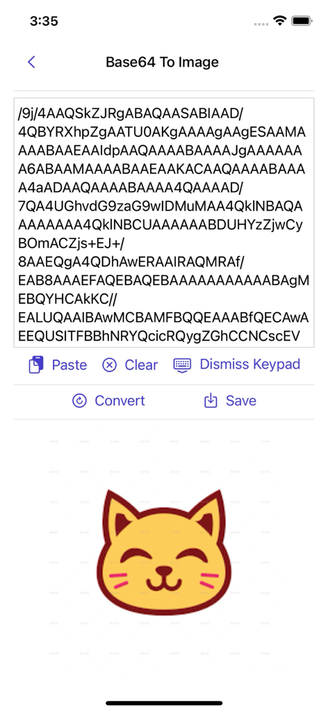 Image to Base64 Plus - Screen showing a Base64 string decoded into a yellow cat illustration
