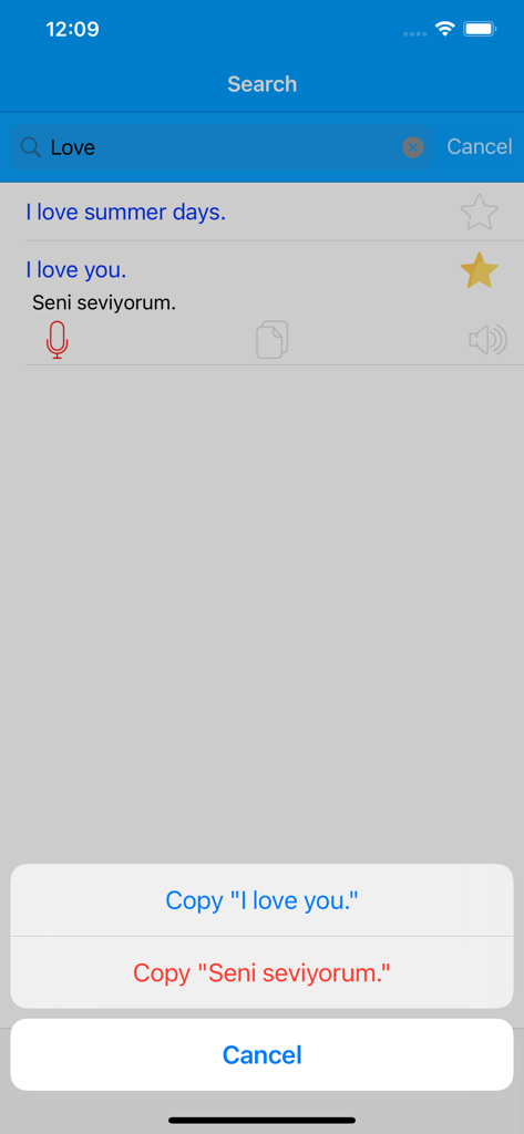 Suchergebnisse für romantische Sätze in der Learn Turkish Offline App, die die Übersetzung für Ich liebe dich anzeigen.