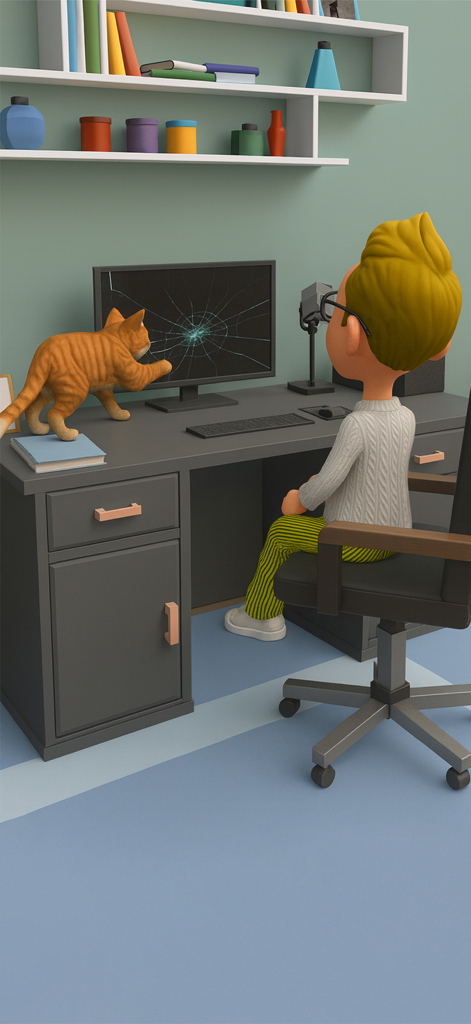 Cat Life Virtual Pet Simulator - Um gatinho laranja tocando uma tela de computador rachada enquanto um menino se senta em uma mesa em uma cena animada em 3D.