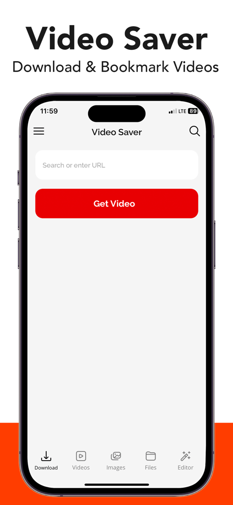 Video Saver - Video Downloader - Video Saver app home screen with search bar and get video button