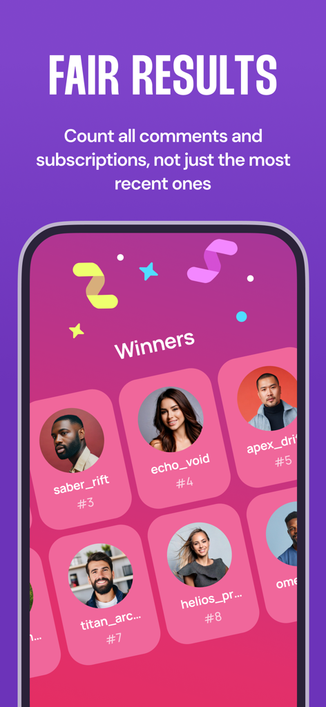 Giveaway Picker - Random Draw - A mobile interface of the Giveaway Picker app displaying a grid of profile pictures and handles of randomly selected contest winners under the heading Fair Results.