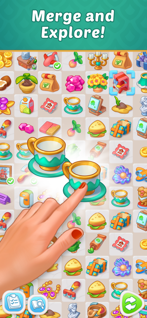 Mansion Tale: Merge Secrets - Gameplay screenshot of Mansion Tale Merge Secrets showing a hand merging two decorative tea cups on a puzzle board