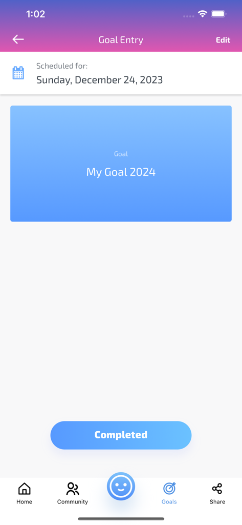 A screen from the MindShift CBT app showing a goal entry for tracking personal progress with a completed button.