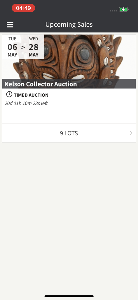 Nelson Auctions NZ - Nelson Auctions NZ mobile app screen showing upcoming timed collector auctions