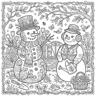 Witness the magical transition from winter's charm to spring's bloom with this unique coloring page. Two intricately designed snowman sculptures stand proudly in a vibrant garden scene, inviting your artistic touch.