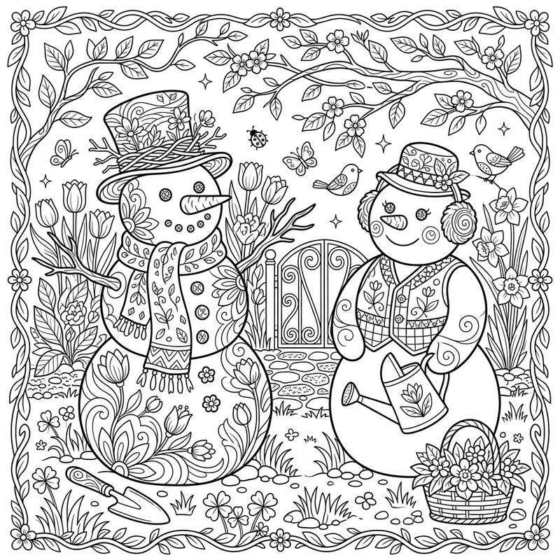 Witness the magical transition from winter's charm to spring's bloom with this unique coloring page. Two intricately designed snowman sculptures stand proudly in a vibrant garden scene, inviting your artistic touch.