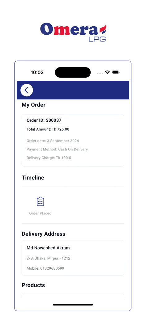 LPG Solutions - Order details screen in the Omera LPG Solutions app showing tracking and delivery information.