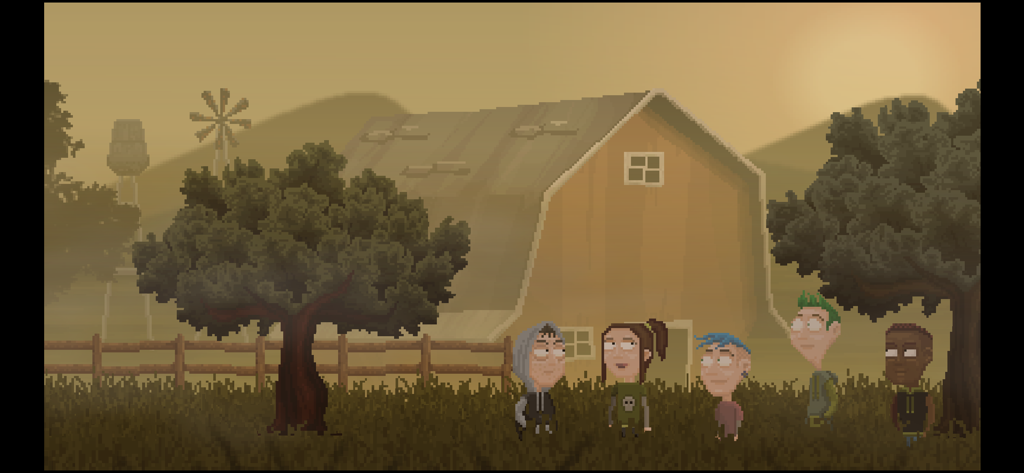 Moth Lake - Cinco personagens em pixel art em pé em um campo em frente a um grande celeiro.