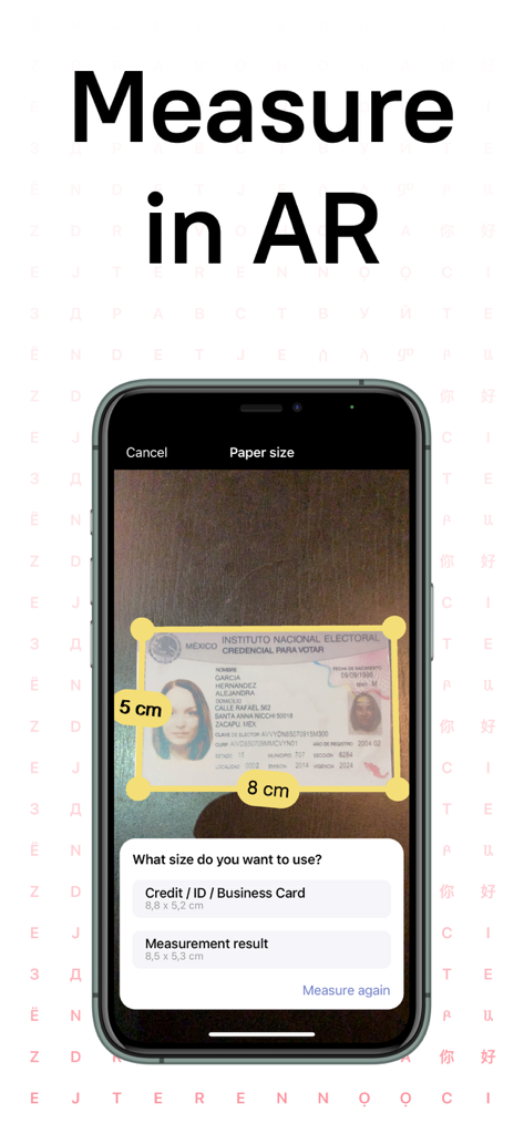 FineReader Pro app measuring an ID card using augmented reality technology on a smartphone