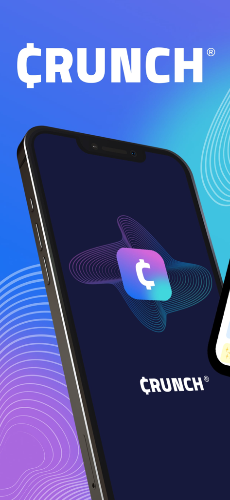 Crunch : Money Manager - Crunch Money Manager app logo and home screen displayed on a smartphone with a modern blue and purple gradient background.