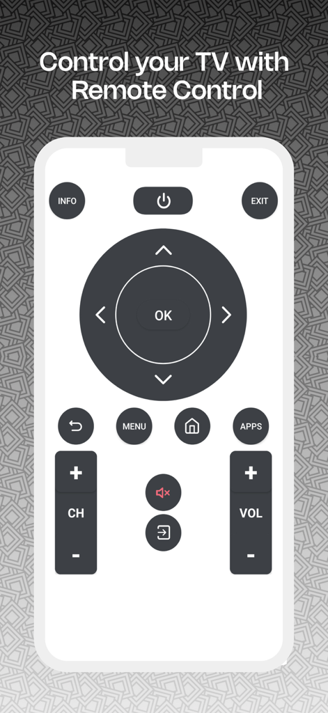 User interface of the VizCast app showing a digital remote control for Vizio TVs on a smartphone.