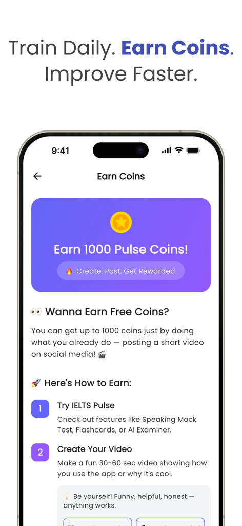 IELTS Pulse: Band 9 AI Prep - IELTS Pulse app screen showing how to earn rewards by sharing practice videos on social media