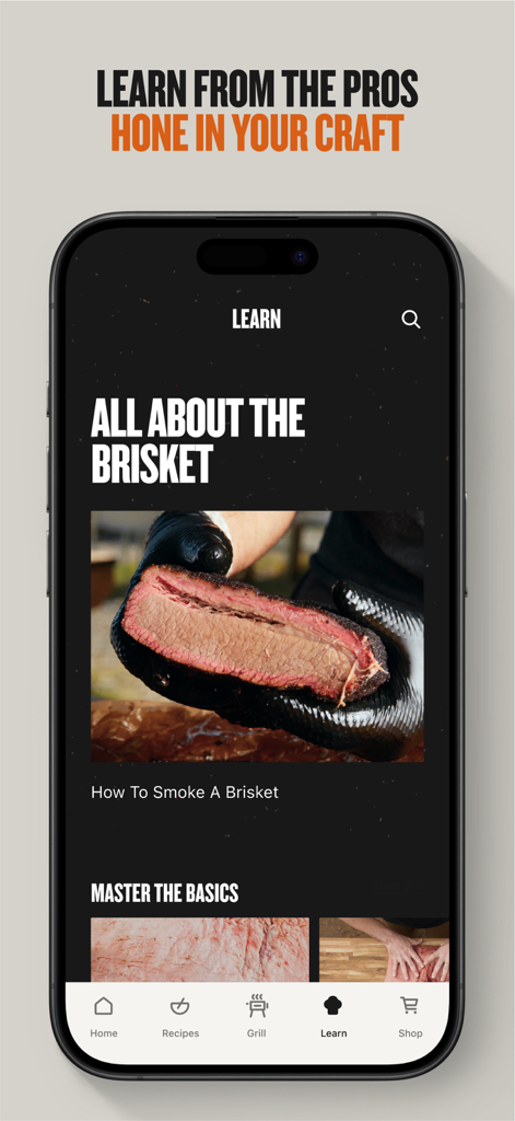 Traeger - Traeger mobile app Learn screen featuring a brisket smoking tutorial