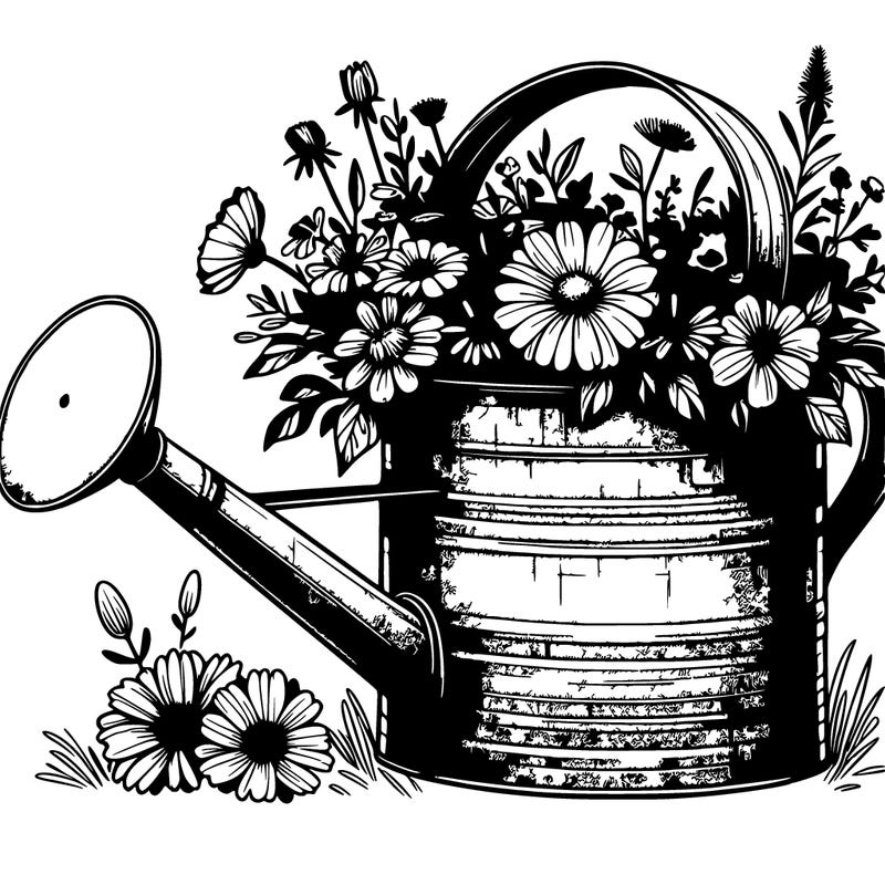 large rustic watering can with wildflowers realistic