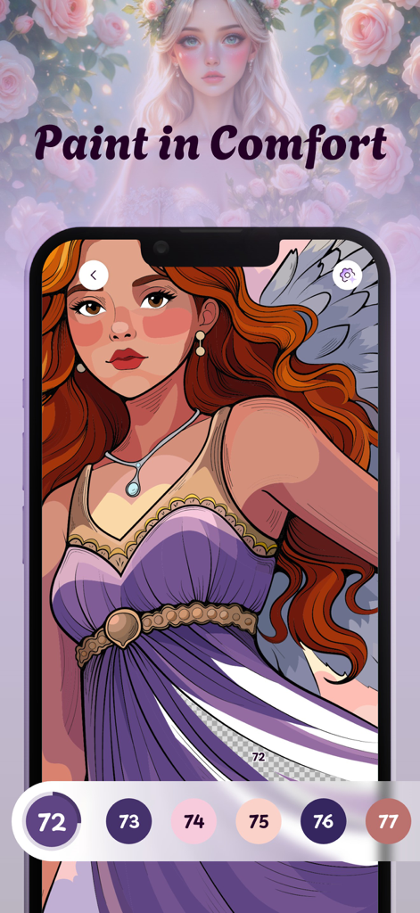 Una pantalla para colorear de la aplicación Pixie Color con una mujer de fantasía con alas