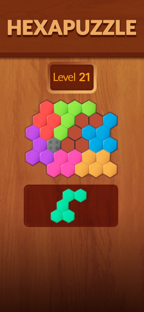 Offline Games: No Wifi Games - Hexapuzzle game screen from the Offline Games app showing colorful hexagon pieces on a wooden background at level 21