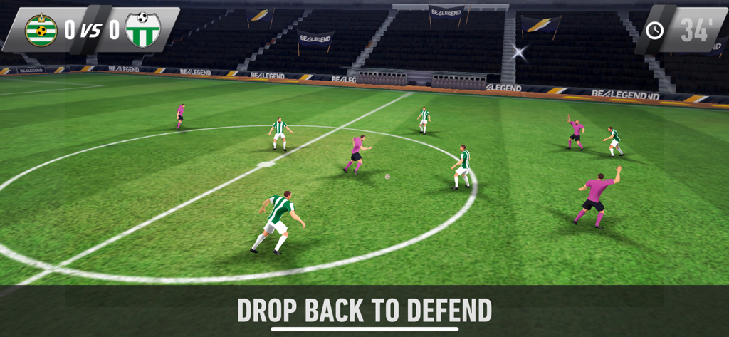 BE A LEGEND Soccer Career - BE A LEGEND 축구 커리어의 경기 중 스크린샷. 녹색 필드에서 경기가 진행 중이며, 뒤로 물러나 수비하라는 지시가 표시됨.