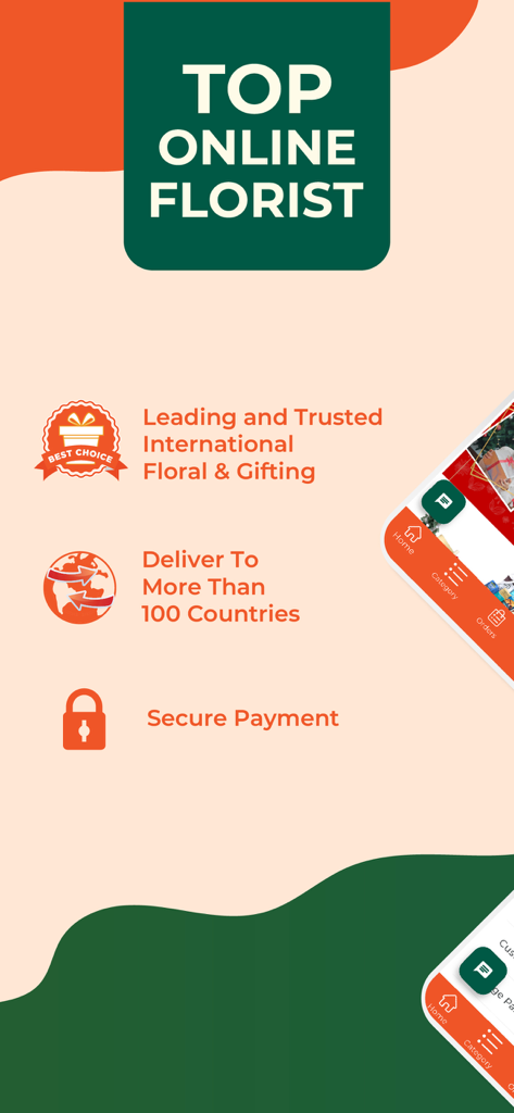 FlowerAdvisor - Flowers & Gift - Promotional graphic for FlowerAdvisor app showing international delivery and secure payment features.