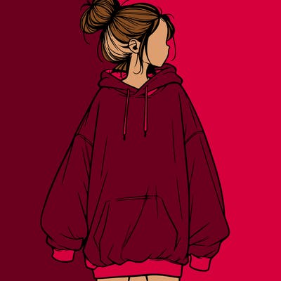 realistic girl with a oversized sweatshirt on and a bun