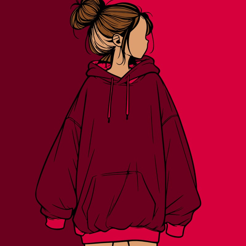 realistic girl with a oversized sweatshirt on and a bun
