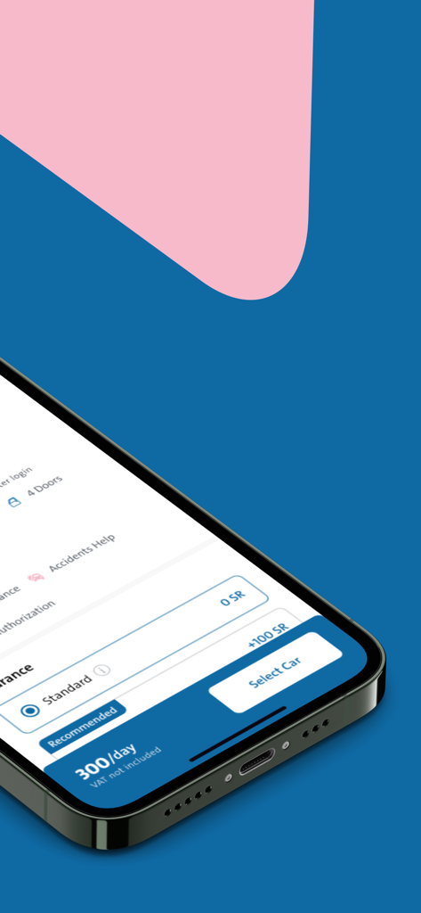 Theeb ذيب لتأجير السيارات - Nahaufnahme der Theeb Rent A Car Mobile App, die eine Tagesmietrate von 300 SR und Fahrzeugauswahlmöglichkeiten zeigt.