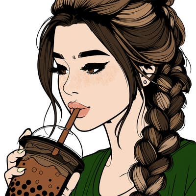 realistic girl drinking boba tea with braided hair