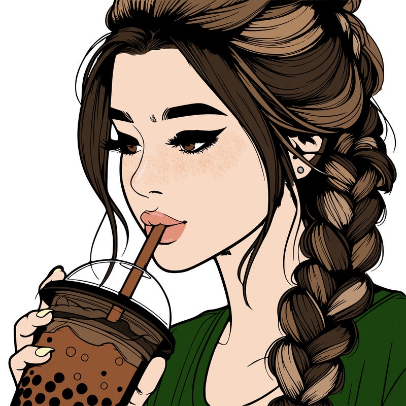 realistic girl drinking boba tea with braided hair