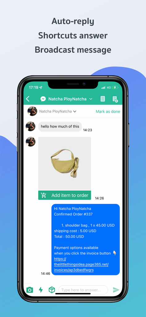 Page365 mobile app chat interface showing automated customer response and order confirmation for a product