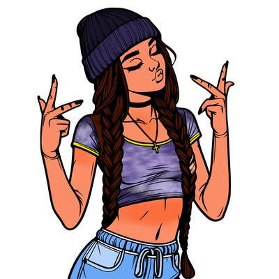 realistic teenage girl with braids and a beanie and crop top doing 🫶🏼