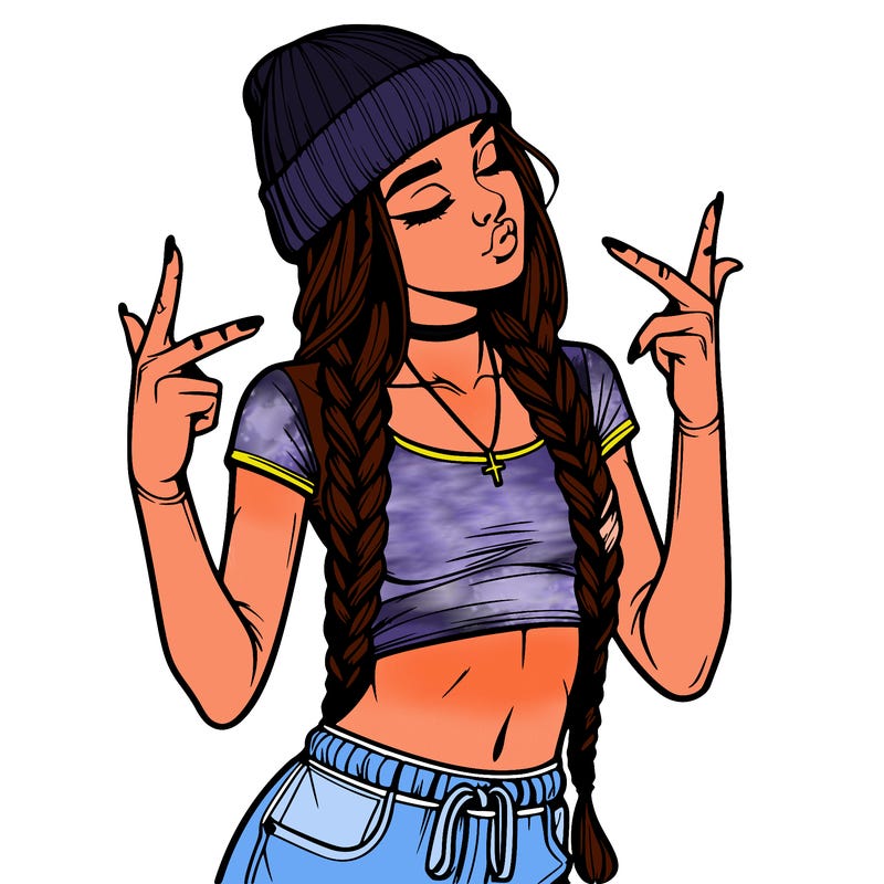 realistic teenage girl with braids and a beanie and crop top doing 🫶🏼